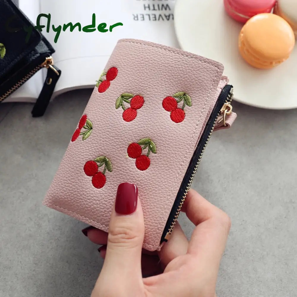 Cyflymder Women’s Vertical Buckle Cherry Embroidered Short Trend Small Wallet New Student Simple