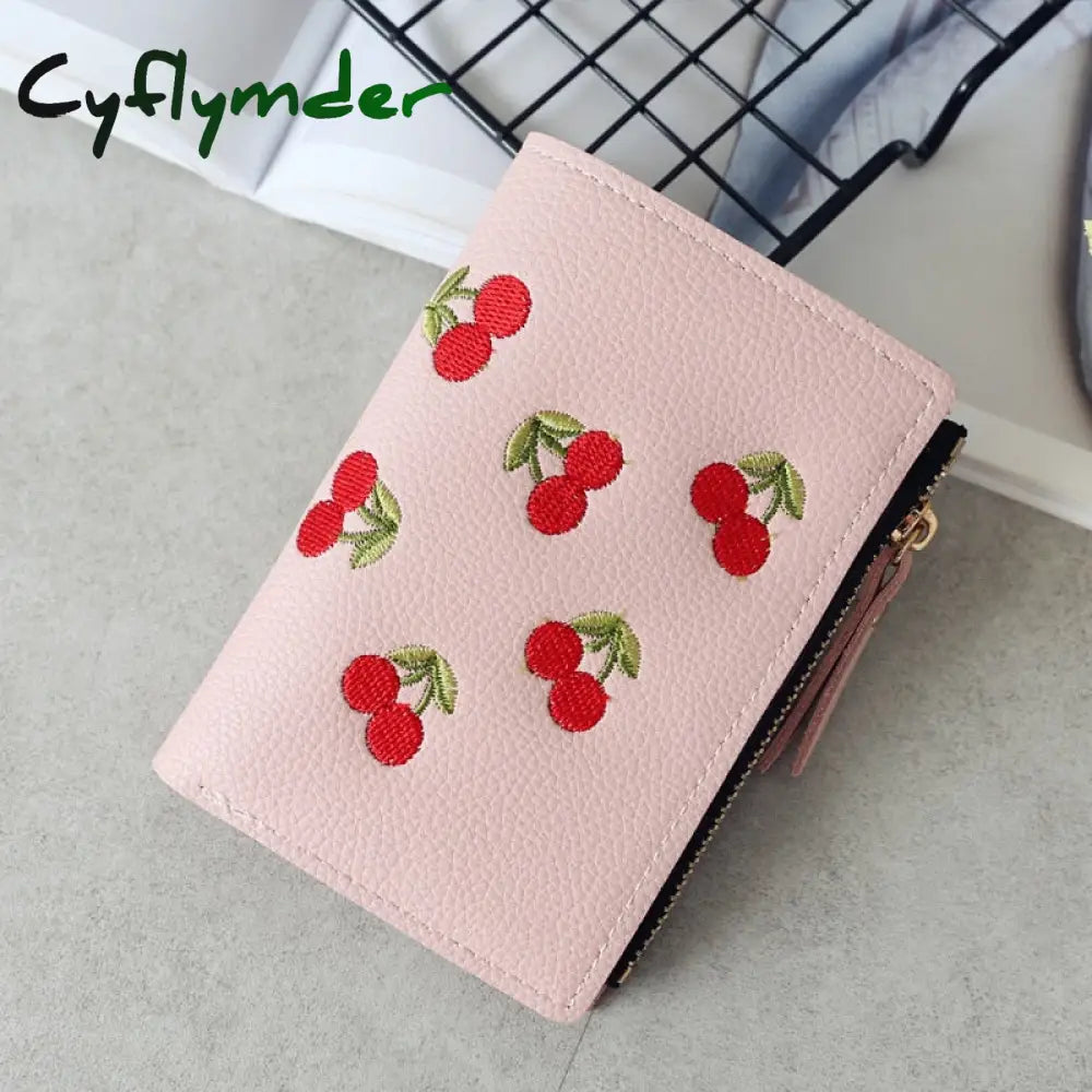 Cyflymder Women’s Vertical Buckle Cherry Embroidered Short Trend Small Wallet New Student Simple