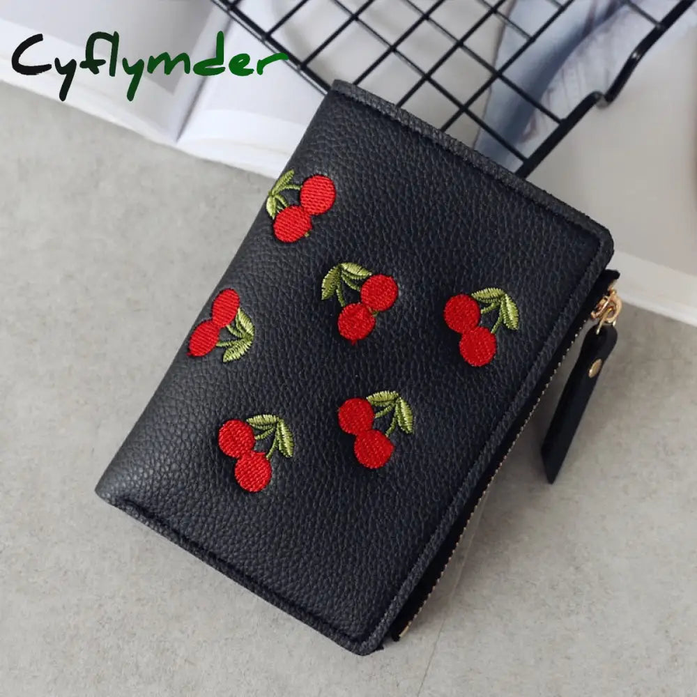 Cyflymder Women’s Vertical Buckle Cherry Embroidered Short Trend Small Wallet New Student Simple