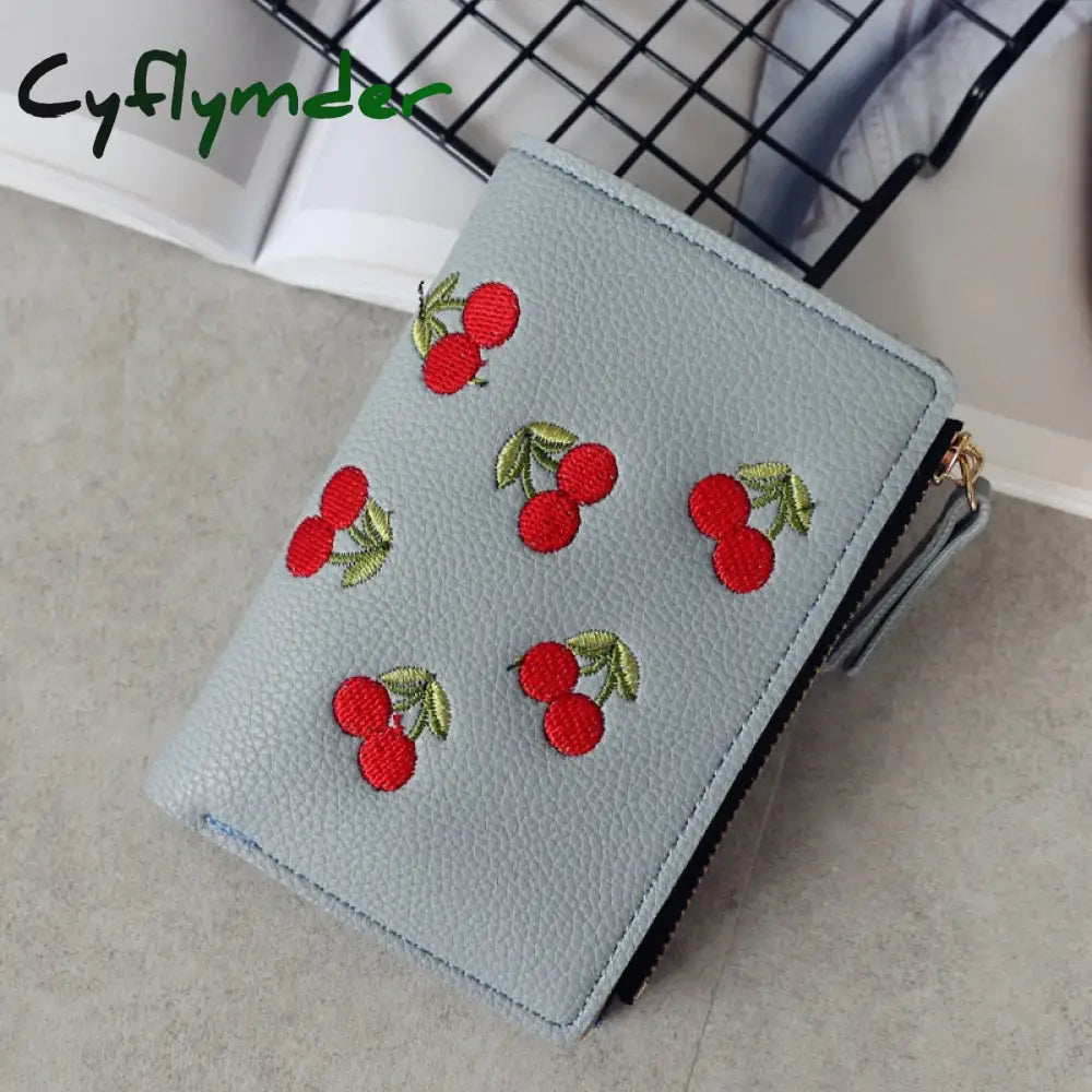 Cyflymder Women’s Vertical Buckle Cherry Embroidered Short Trend Small Wallet New Student Simple