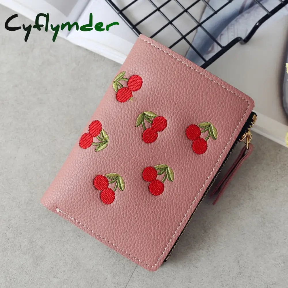 Cyflymder Women’s Vertical Buckle Cherry Embroidered Short Trend Small Wallet New Student Simple