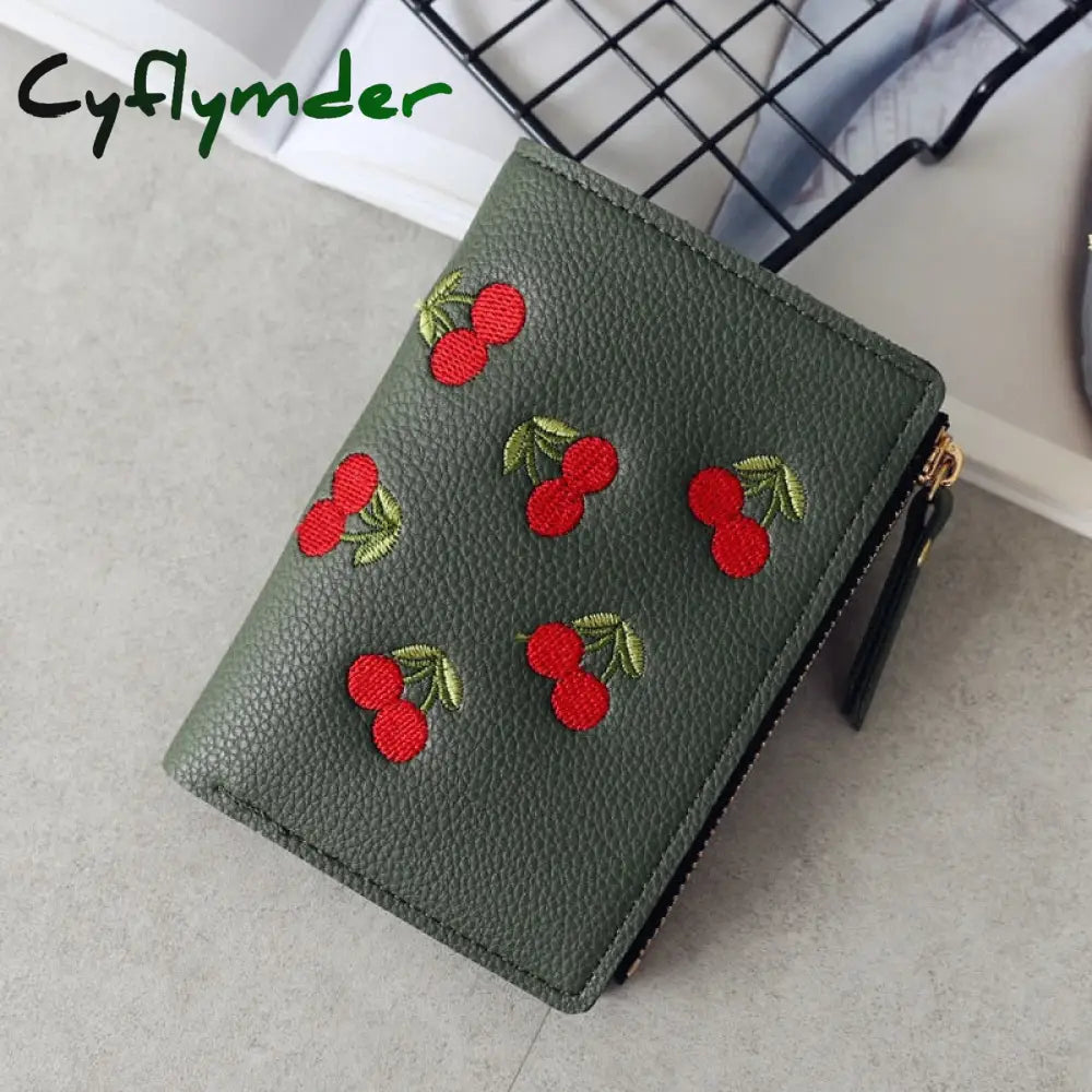 Cyflymder Women’s Vertical Buckle Cherry Embroidered Short Trend Small Wallet New Student Simple