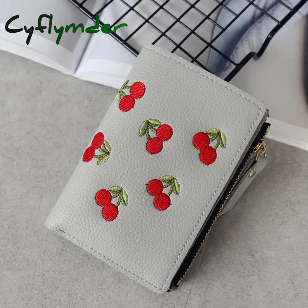 Cyflymder Women’s Vertical Buckle Cherry Embroidered Short Trend Small Wallet New Student Simple