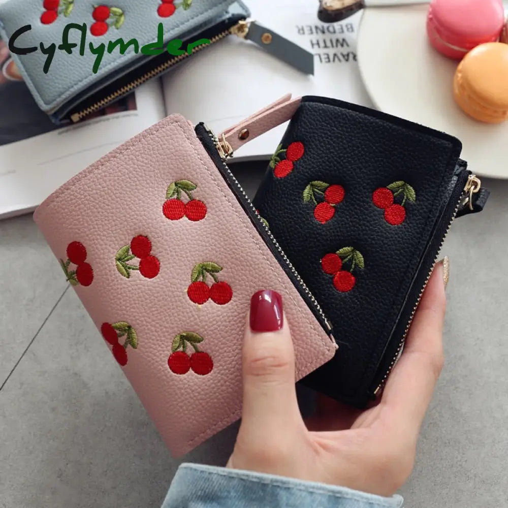 Cyflymder Women’s Vertical Buckle Cherry Embroidered Short Trend Small Wallet New Student Simple