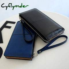 Cyflymder Women’s Vintage Oil Wax Leather Zipper Clutch Wallet Female Large Capacity Coin Purse