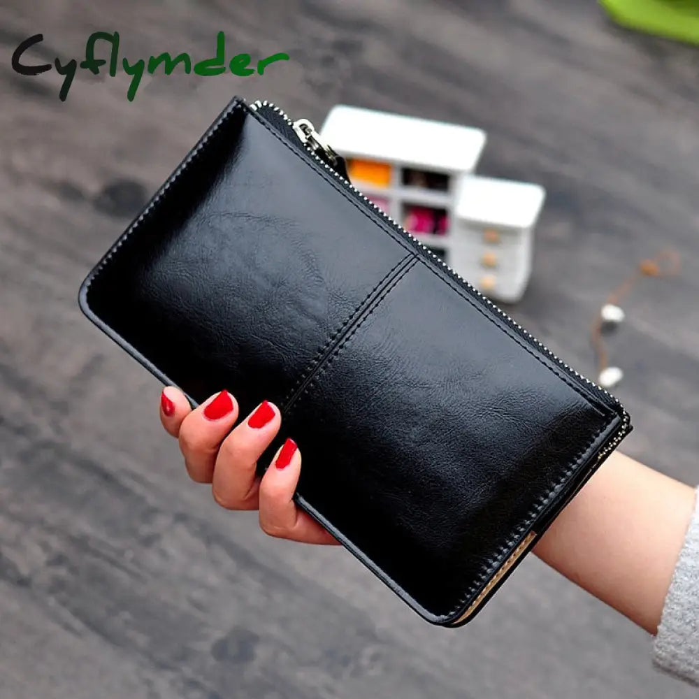 Cyflymder Women’s Vintage Oil Wax Leather Zipper Clutch Wallet Female Large Capacity Coin Purse