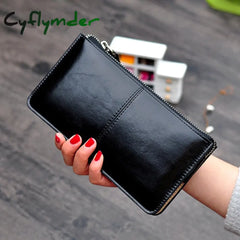 Cyflymder Women’s Vintage Oil Wax Leather Zipper Clutch Wallet Female Large Capacity Coin Purse