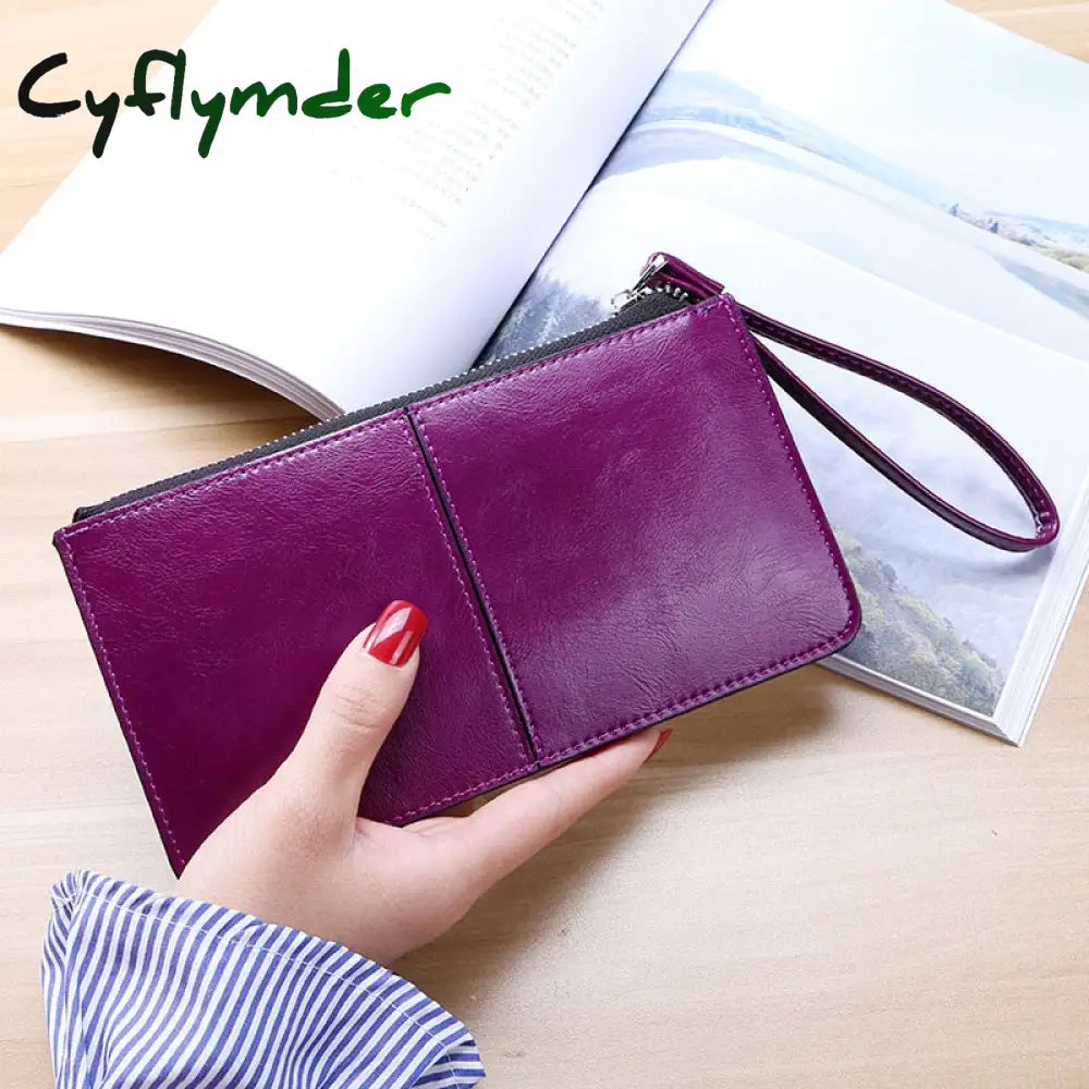 Cyflymder Women’s Vintage Oil Wax Leather Zipper Clutch Wallet Female Large Capacity Coin Purse