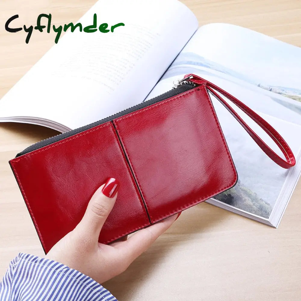 Cyflymder Women’s Vintage Oil Wax Leather Zipper Clutch Wallet Female Large Capacity Coin Purse