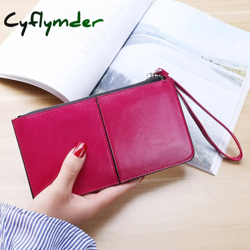 Cyflymder Women’s Vintage Oil Wax Leather Zipper Clutch Wallet Female Large Capacity Coin Purse