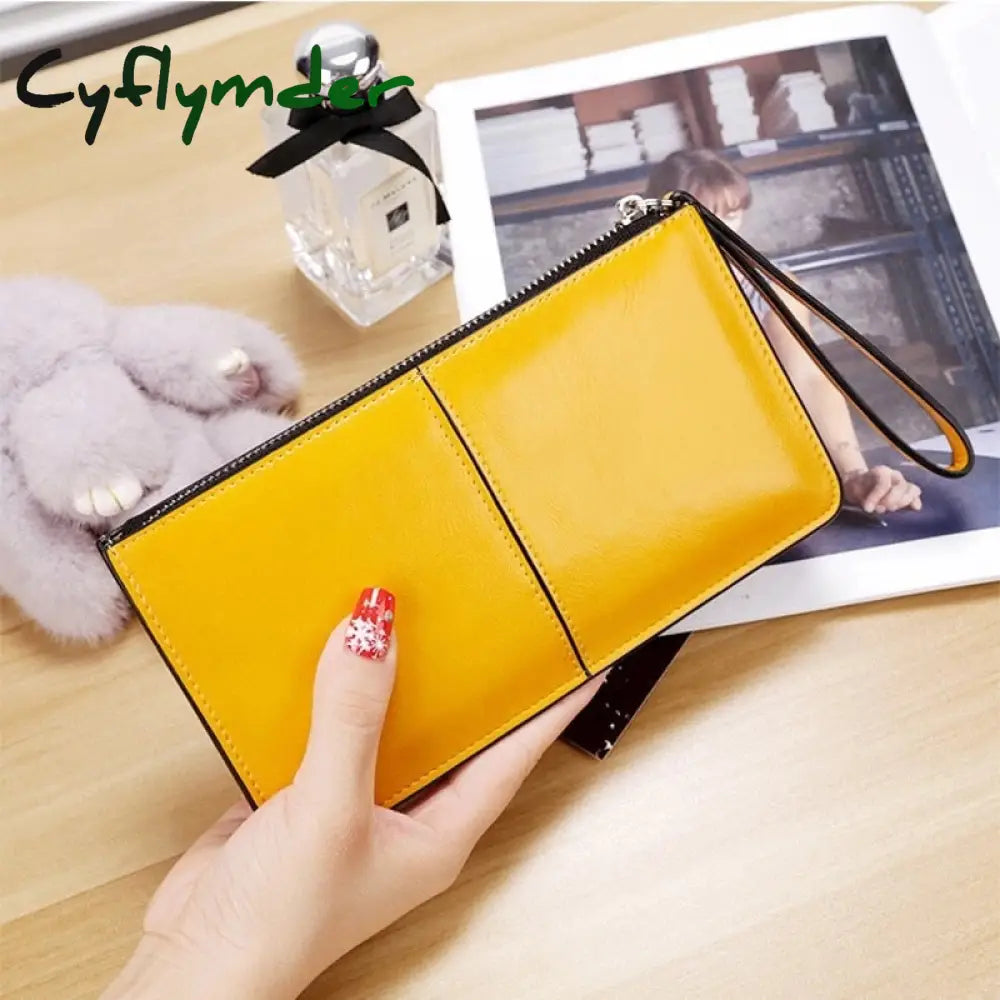 Cyflymder Women’s Vintage Oil Wax Leather Zipper Clutch Wallet Female Large Capacity Coin Purse