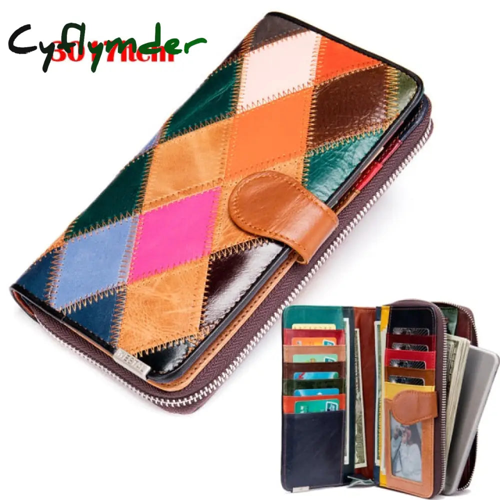 Cyflymder Women’s Wallet Genuine Leather Patchwork For Women Clutch Bags Cellphone Purses Coin