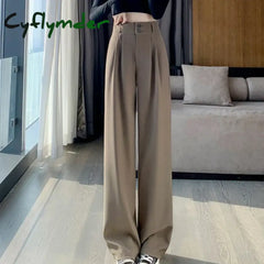 Cyflymder Women’s Wide Leg Pants Women Korean Style High Waist Black Trouser Office Ladies