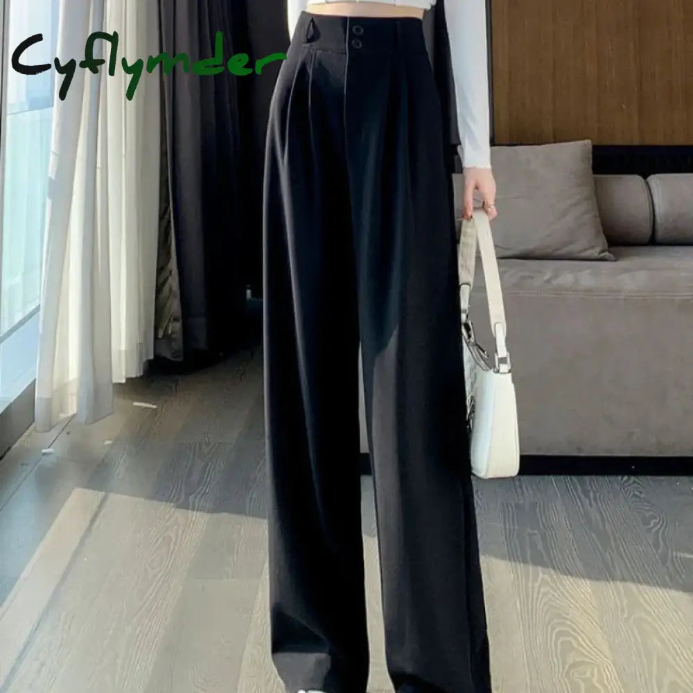 Cyflymder Women’s Wide Leg Pants Women Korean Style High Waist Black Trouser Office Ladies