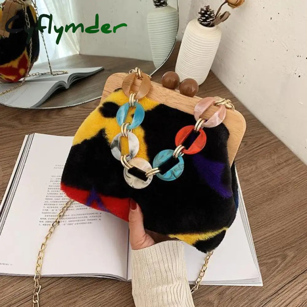 Cyflymder Wood Clip Autumn And Winter Plush Handbag Woman New Designer Korean Acrylic Chain