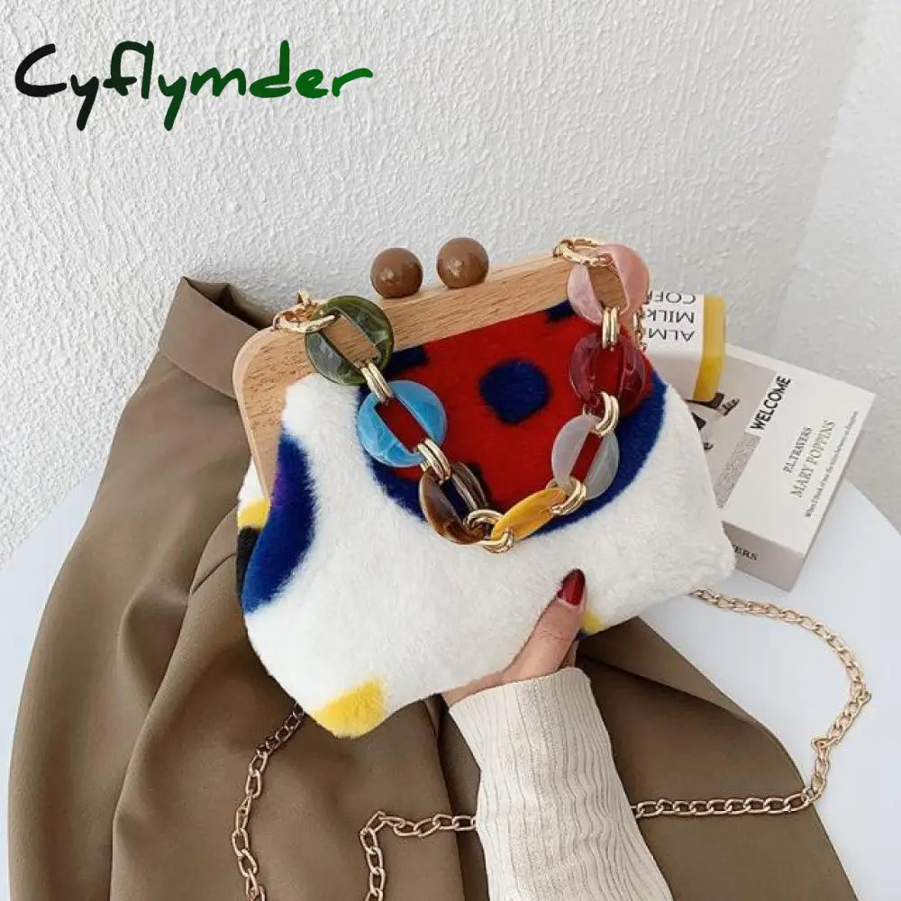 Cyflymder Wood Clip Autumn And Winter Plush Handbag Woman New Designer Korean Acrylic Chain