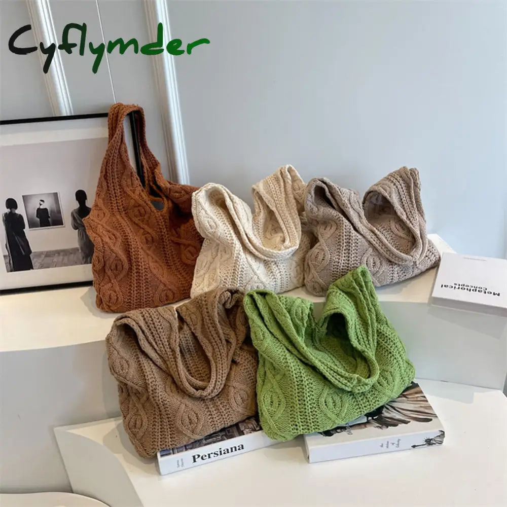 Cyflymder Wool Knitted Shoulder Shopping Bag For Women Vintage Cotton Cloth Girls Tote Shopper