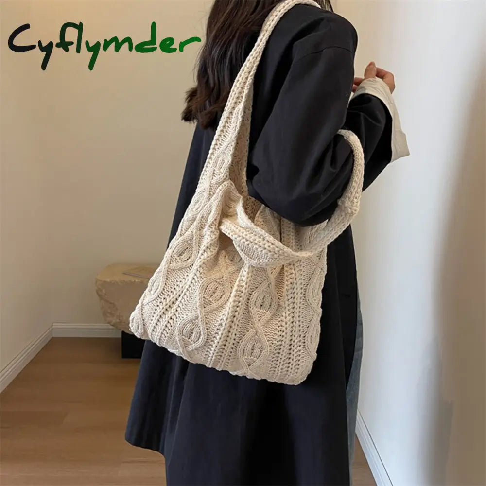 Cyflymder Wool Knitted Shoulder Shopping Bag For Women Vintage Cotton Cloth Girls Tote Shopper