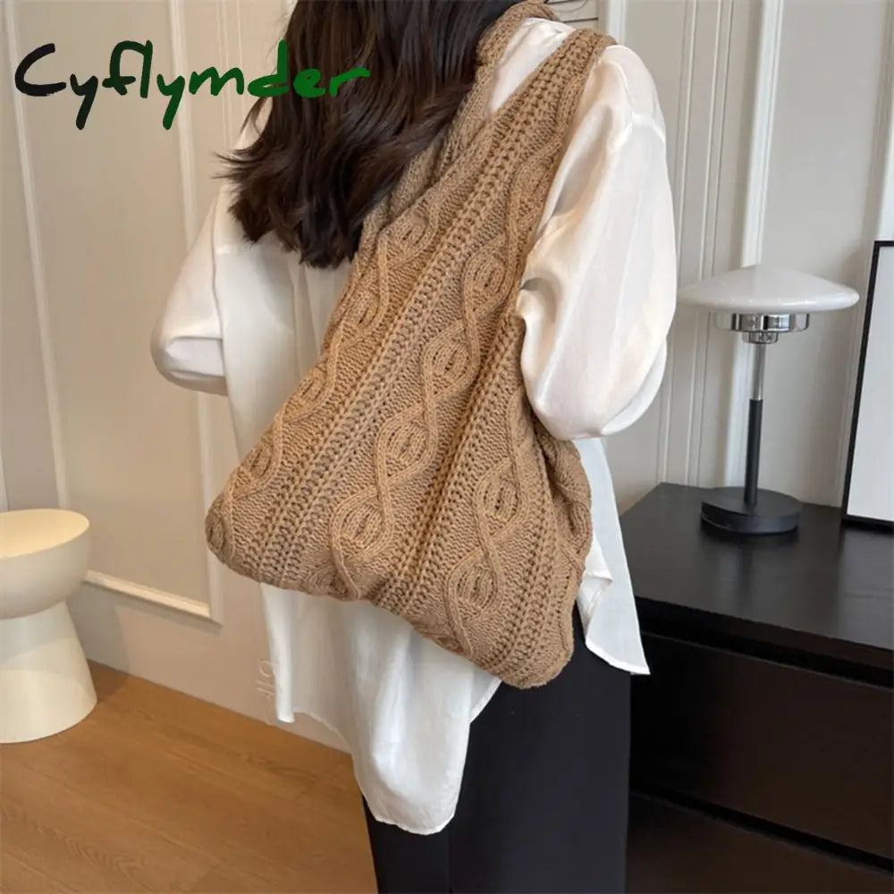 Cyflymder Wool Knitted Shoulder Shopping Bag For Women Vintage Cotton Cloth Girls Tote Shopper