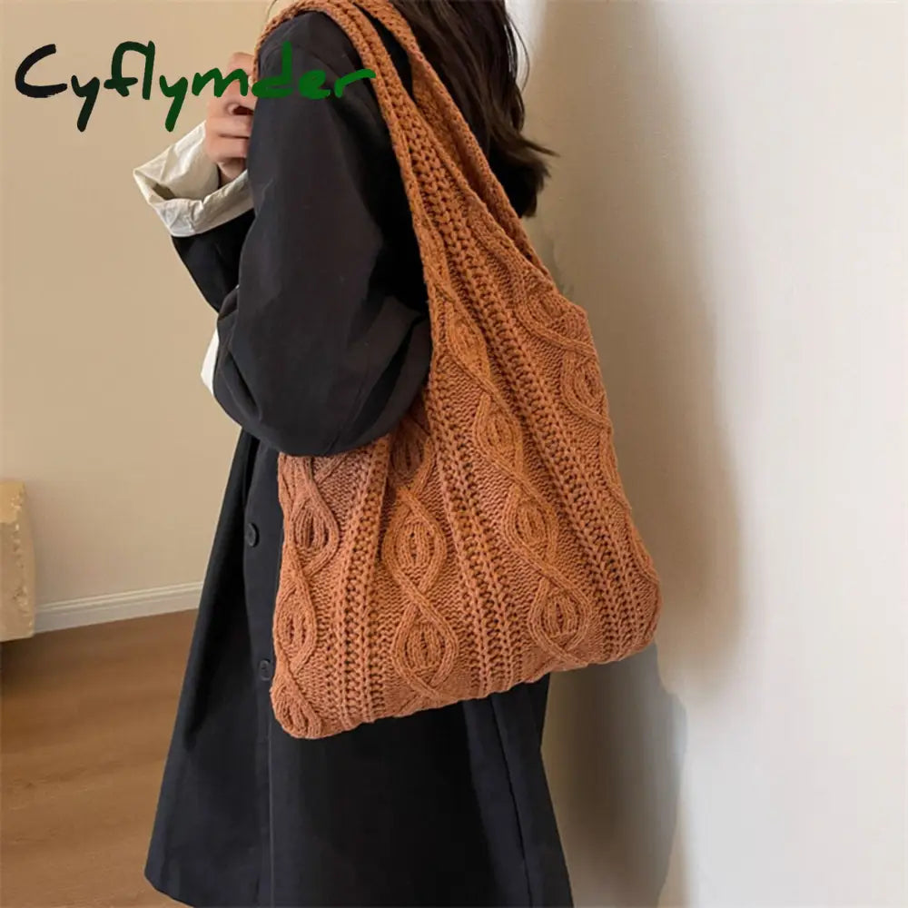 Cyflymder Wool Knitted Shoulder Shopping Bag For Women Vintage Cotton Cloth Girls Tote Shopper