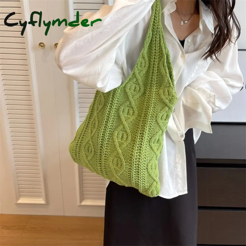 Cyflymder Wool Knitted Shoulder Shopping Bag For Women Vintage Cotton Cloth Girls Tote Shopper
