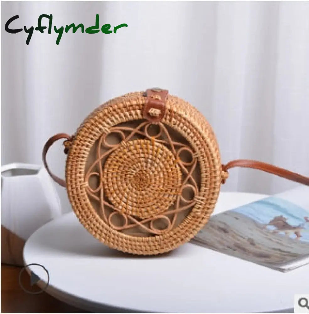 Cyflymder Woven Rattan Bag Round Straw Shoulder Small Beach Handbags Women Summer Hollow Handmade