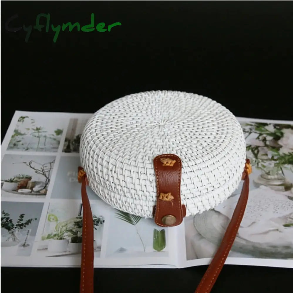 Cyflymder Woven Rattan Bag Round Straw Shoulder Small Beach Handbags Women Summer Hollow Handmade