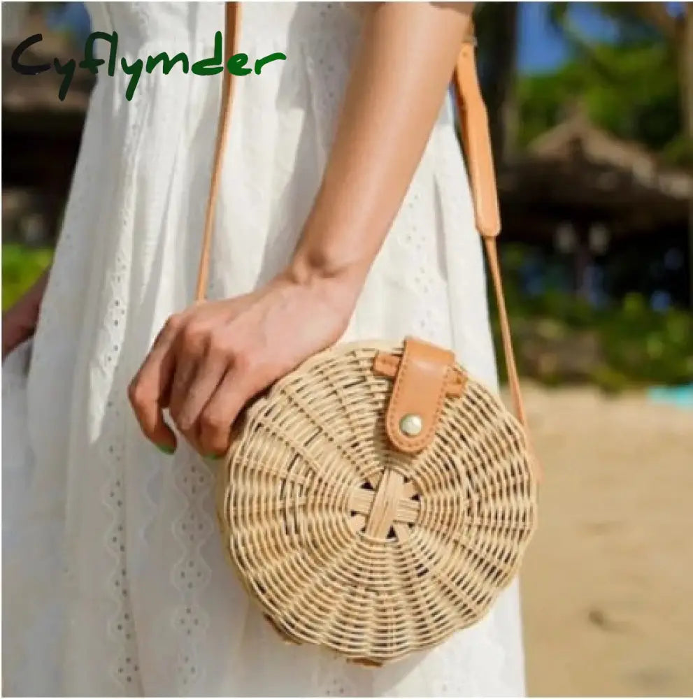 Cyflymder Woven Rattan Bag Round Straw Shoulder Small Beach Handbags Women Summer Hollow Handmade