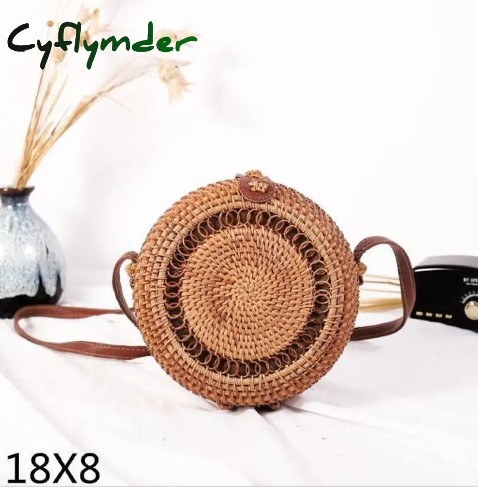 Cyflymder Woven Rattan Bag Round Straw Shoulder Small Beach Handbags Women Summer Hollow Handmade