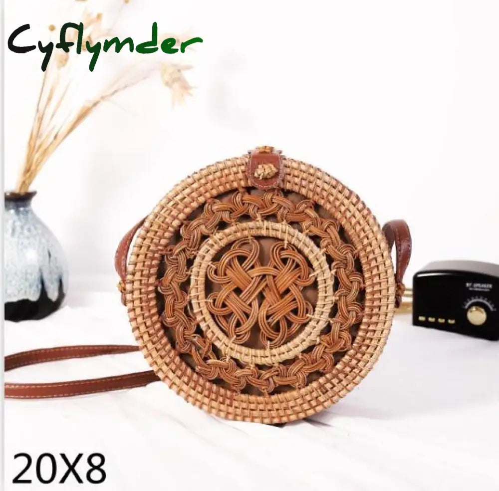 Cyflymder Woven Rattan Bag Round Straw Shoulder Small Beach Handbags Women Summer Hollow Handmade