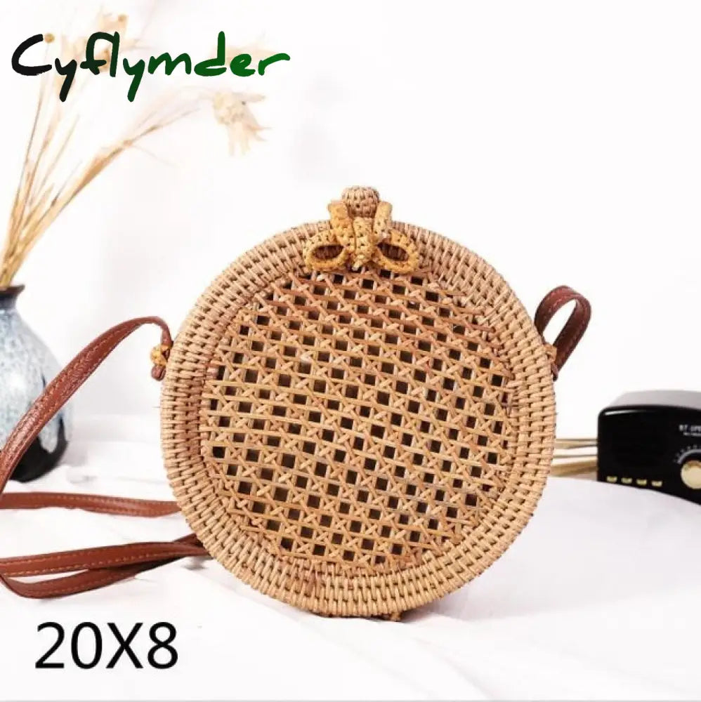 Cyflymder Woven Rattan Bag Round Straw Shoulder Small Beach Handbags Women Summer Hollow Handmade