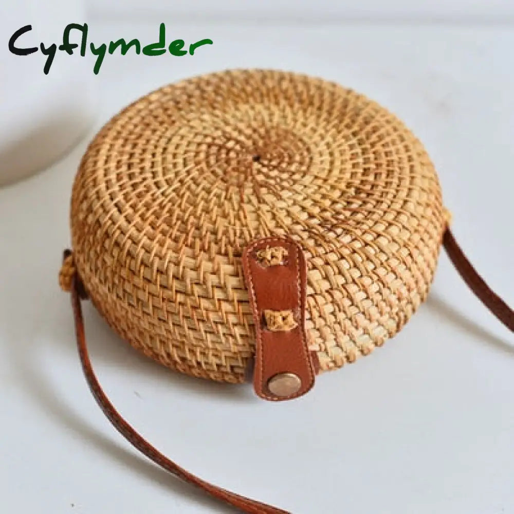 Cyflymder Woven Rattan Bag Round Straw Shoulder Small Beach Handbags Women Summer Hollow Handmade