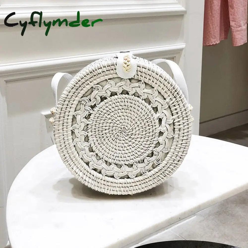 Cyflymder Woven Rattan Bag Round Straw Shoulder Small Beach Handbags Women Summer Hollow Handmade