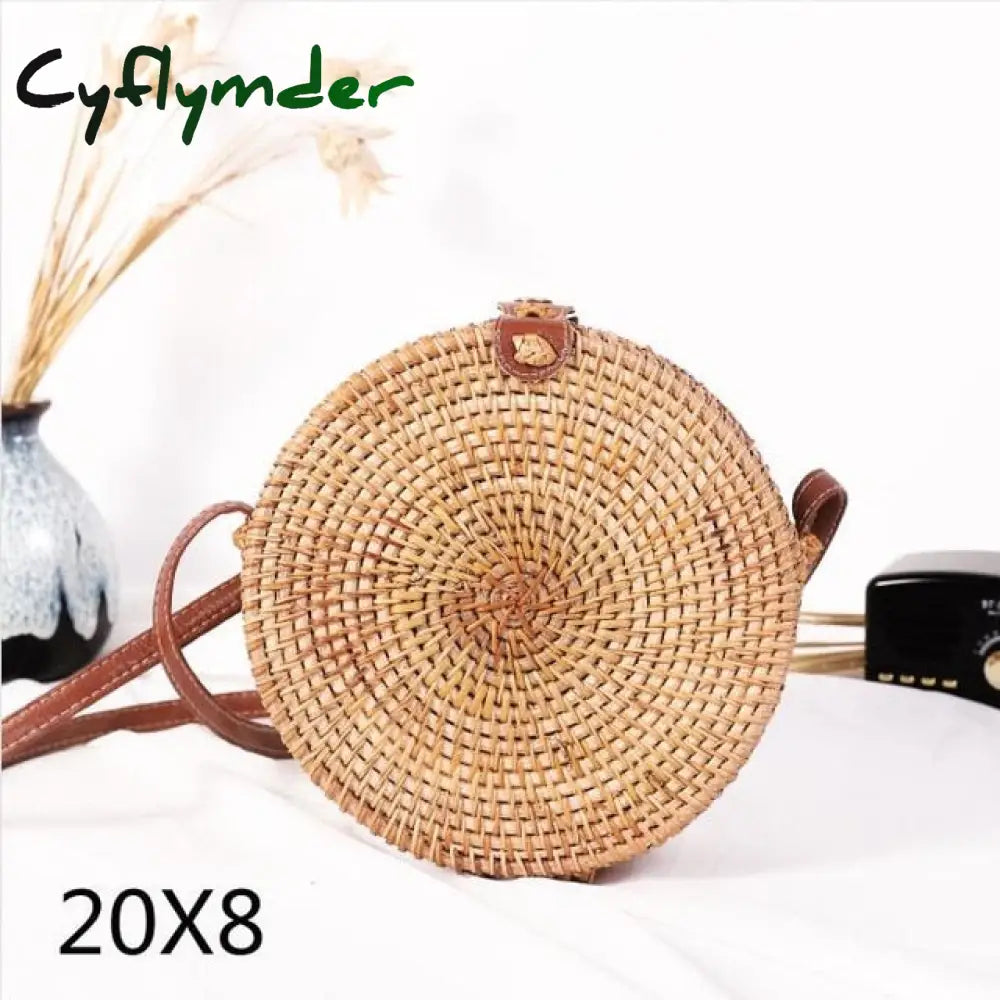 Cyflymder Woven Rattan Bag Round Straw Shoulder Small Beach Handbags Women Summer Hollow Handmade