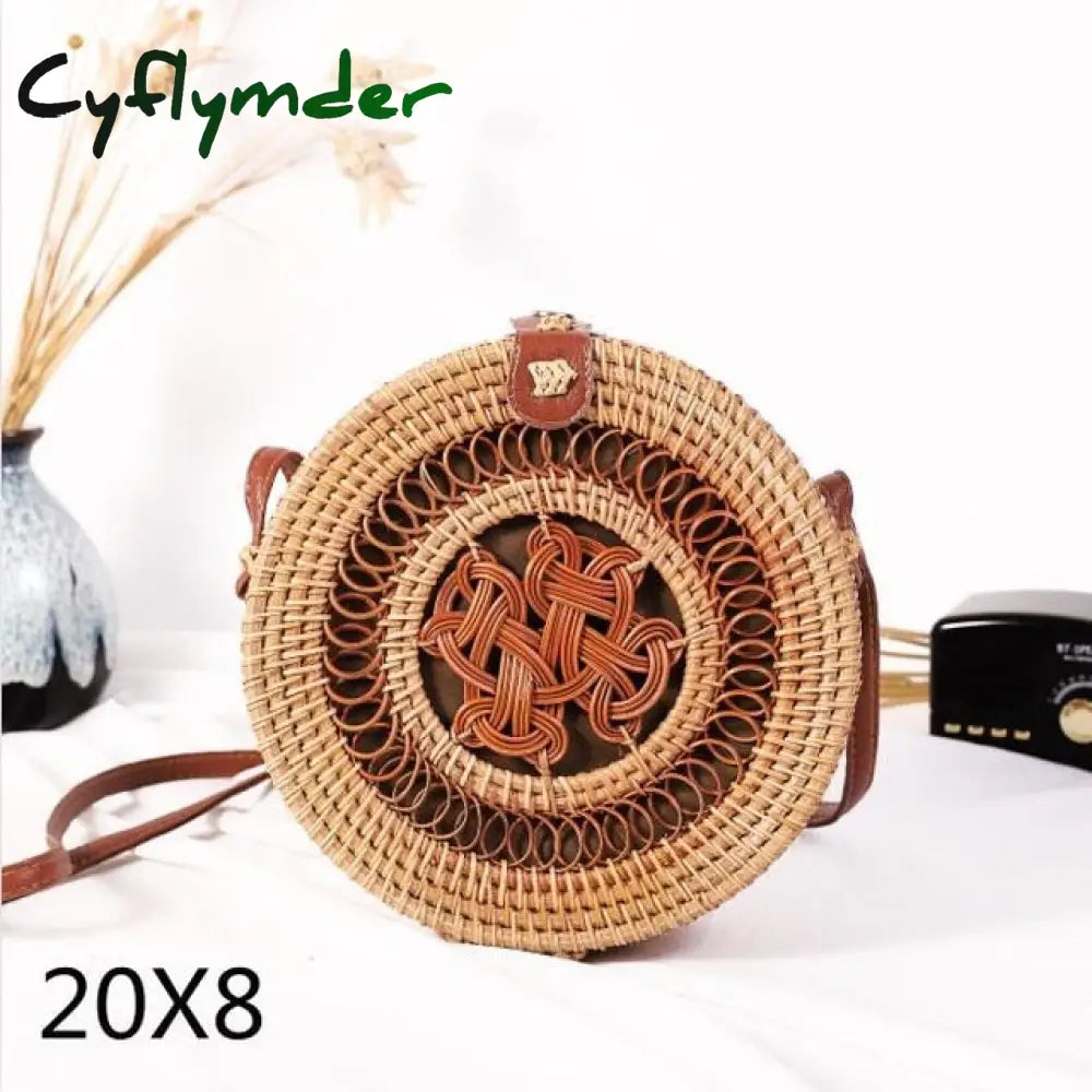 Cyflymder Woven Rattan Bag Round Straw Shoulder Small Beach Handbags Women Summer Hollow Handmade