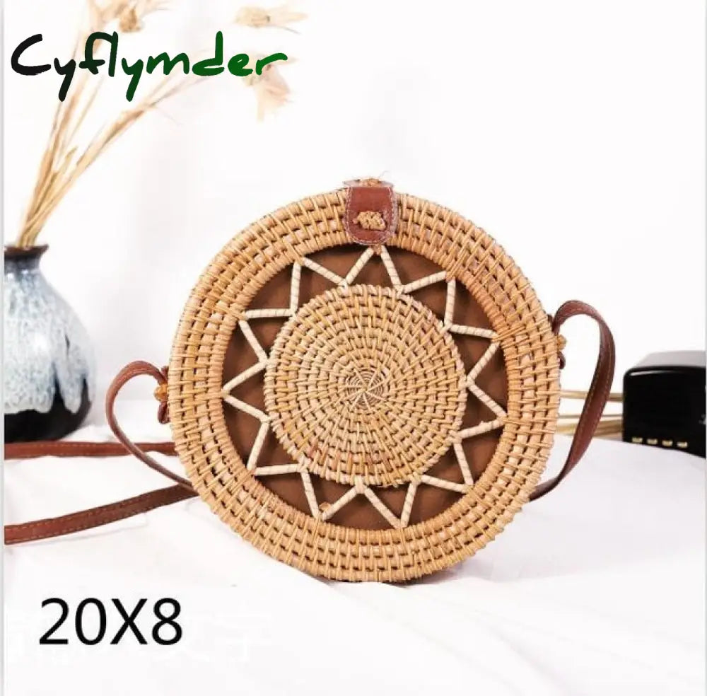 Cyflymder Woven Rattan Bag Round Straw Shoulder Small Beach Handbags Women Summer Hollow Handmade