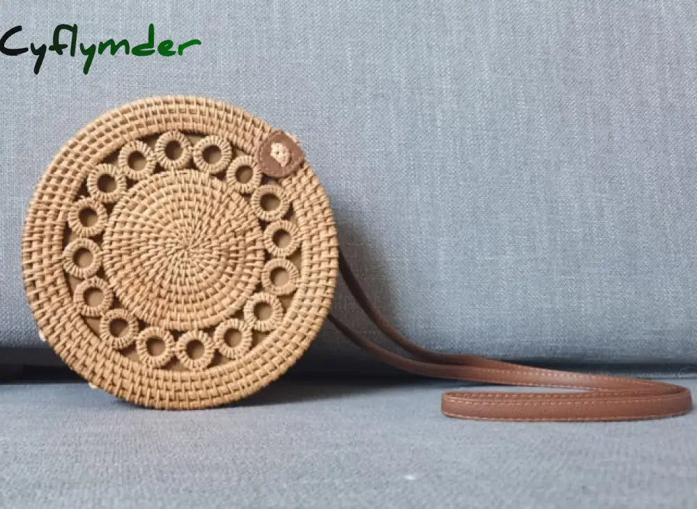 Cyflymder Woven Rattan Bag Round Straw Shoulder Small Beach Handbags Women Summer Hollow Handmade