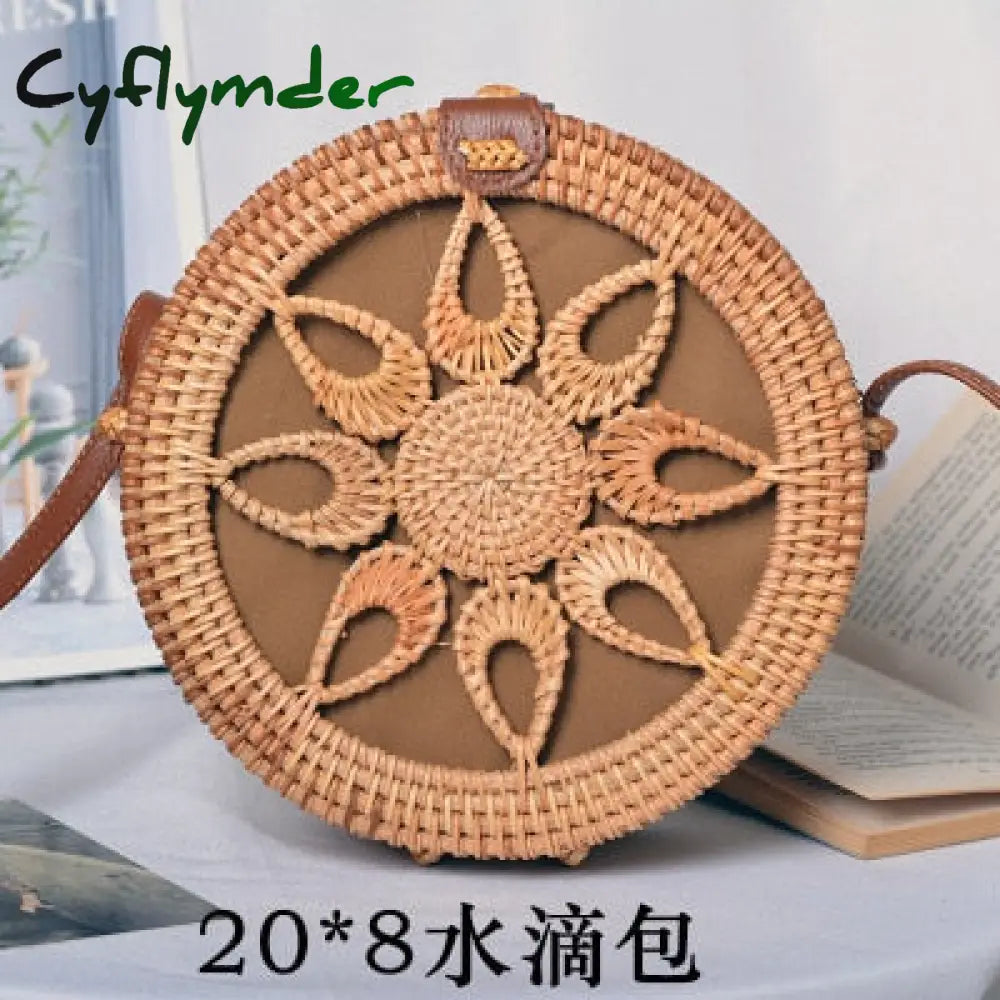 Cyflymder Woven Rattan Bag Round Straw Shoulder Small Beach Handbags Women Summer Hollow Handmade