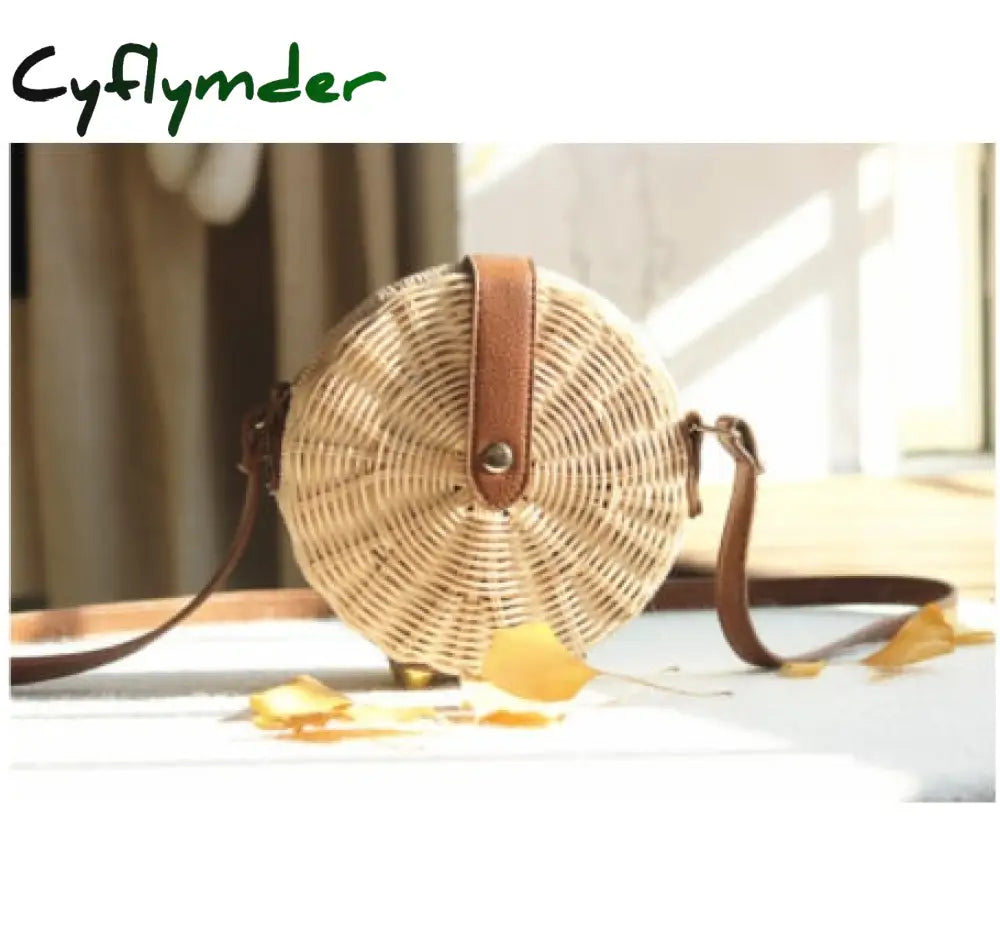 Cyflymder Woven Rattan Bag Round Straw Shoulder Small Beach Handbags Women Summer Hollow Handmade