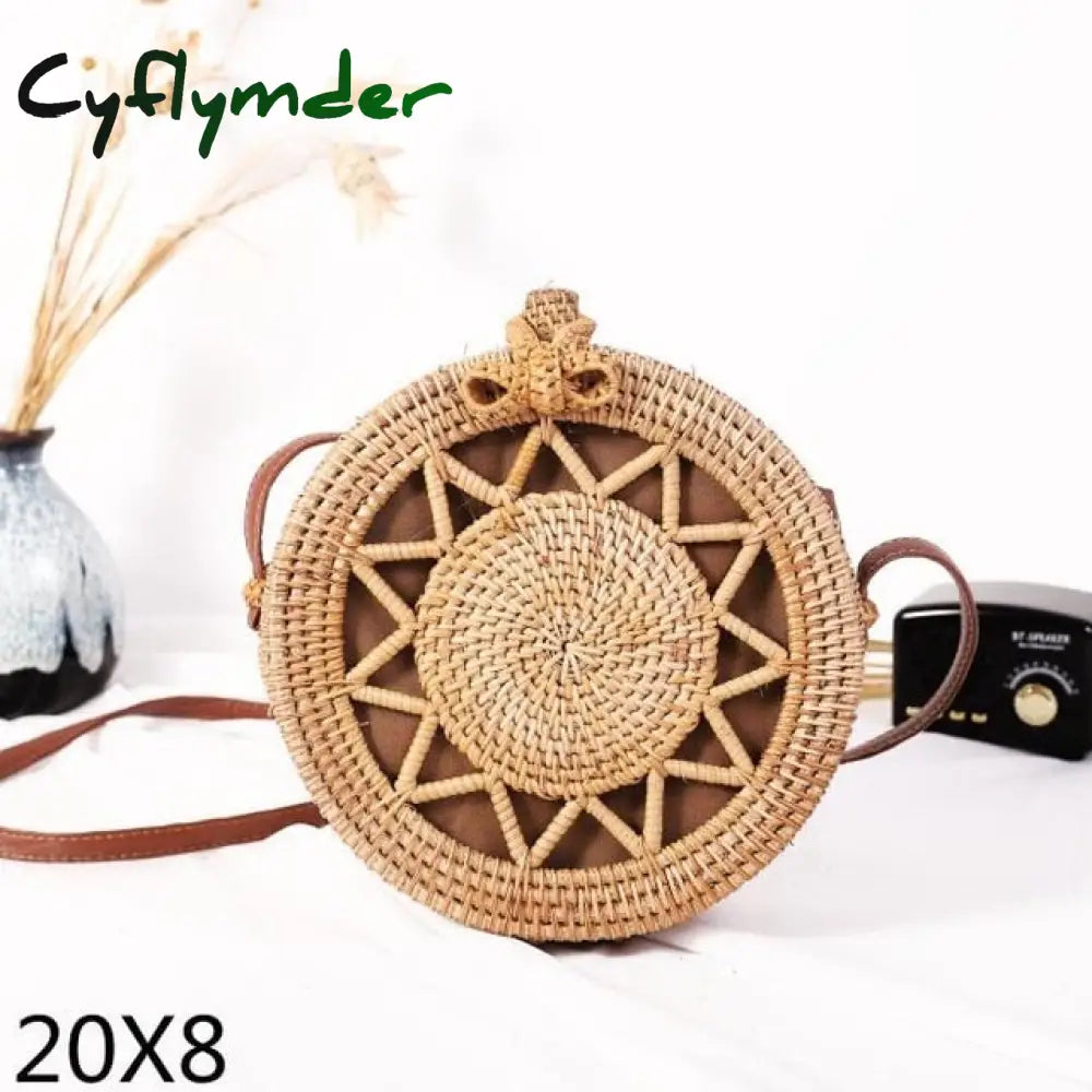 Cyflymder Woven Rattan Bag Round Straw Shoulder Small Beach Handbags Women Summer Hollow Handmade