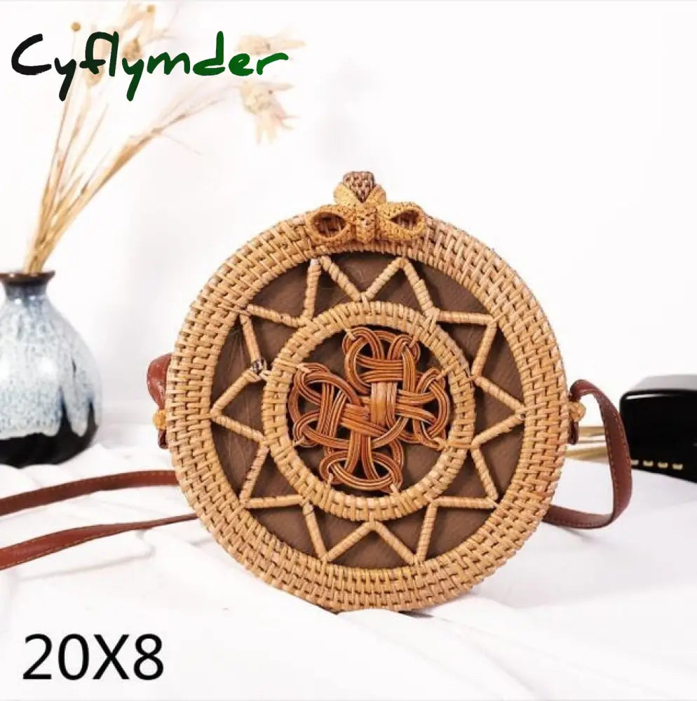 Cyflymder Woven Rattan Bag Round Straw Shoulder Small Beach Handbags Women Summer Hollow Handmade