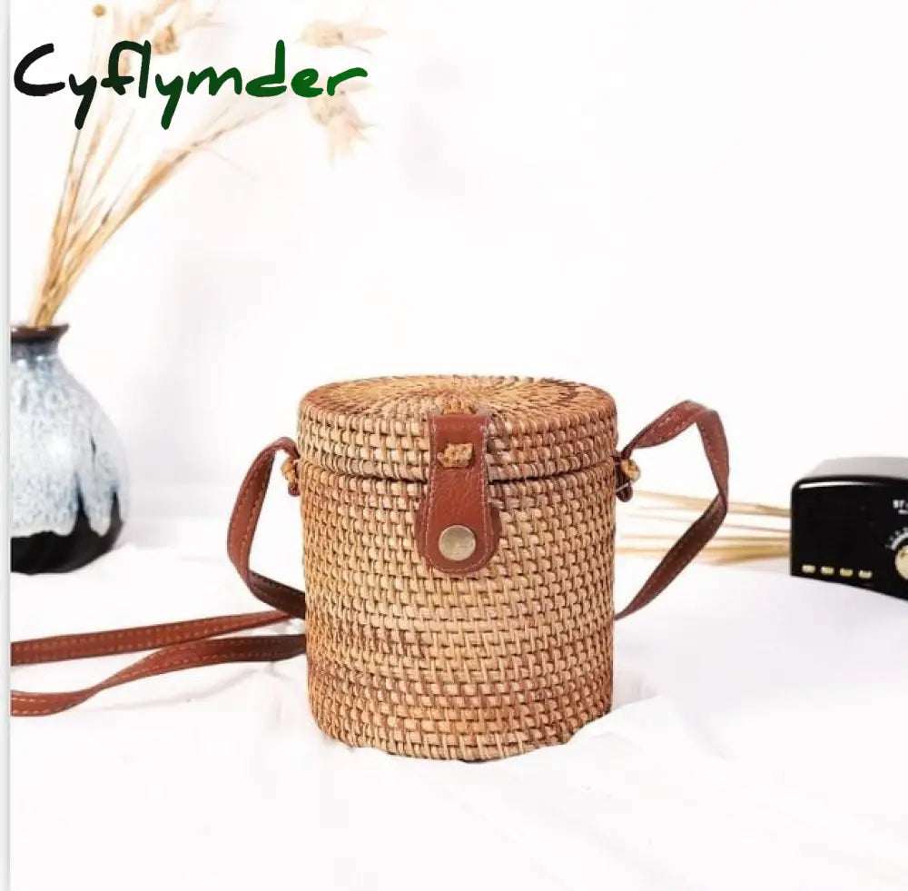 Cyflymder Woven Rattan Bag Round Straw Shoulder Small Beach Handbags Women Summer Hollow Handmade