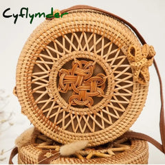 Cyflymder Woven Rattan Bag Round Straw Shoulder Small Beach Handbags Women Summer Hollow Handmade