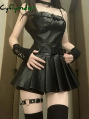 Cyflymder Y2K Black Dress Set Women Casual High Street PU Coat + Elegant Party Y2k Mini Dress Korean Fashion Leather