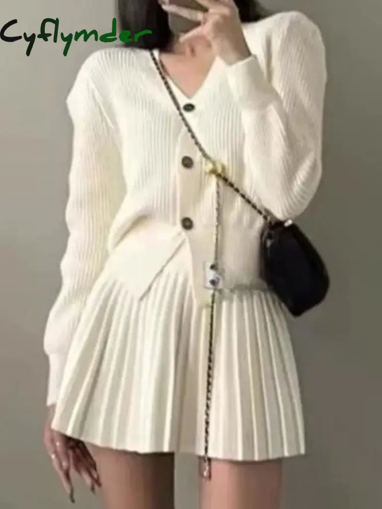 Cyflymder Y2K Casual Knitted 2 Piece Set Single Breasted V-neck Top High Waist Mini Pleated Skirt Korean Fashion Solid