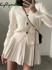 Cyflymder Y2K Casual Knitted 2 Piece Set Single Breasted V-neck Top High Waist Mini Pleated Skirt Korean Fashion Solid