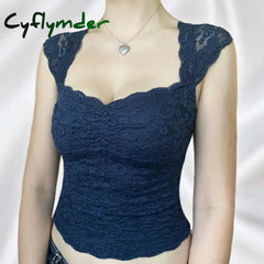 Cyflymder Y2K Fairycore Blue Floral Lace Milkmaid Tank Tops 90S Vintage Square Collar Slim Fit Vest
