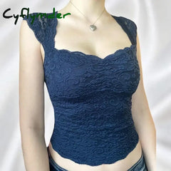 Cyflymder Y2K Fairycore Blue Floral Lace Milkmaid Tank Tops 90S Vintage Square Collar Slim Fit Vest