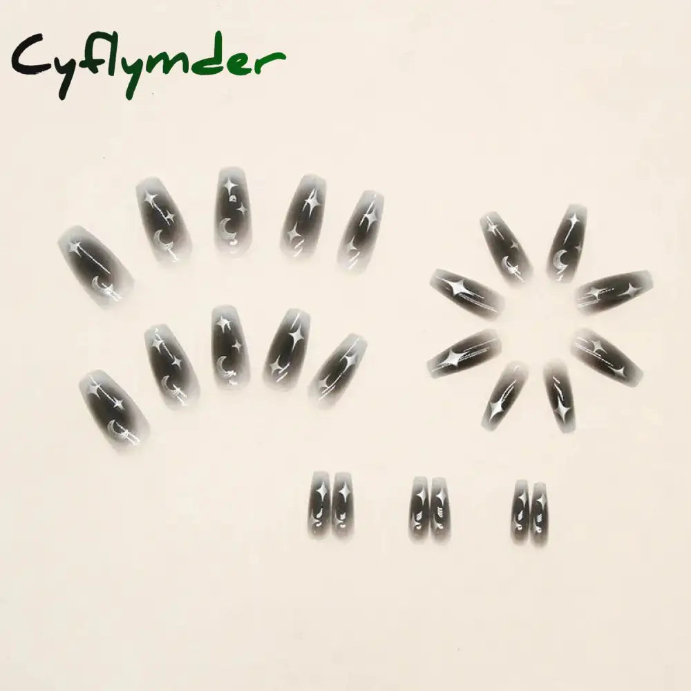 Cyflymder Y2K Fake Black Nail Long Ballet Reusable Adhesive Acrylic Press On Set Nails Dark