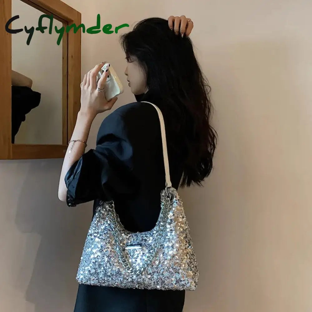 Cyflymder Y2K Fashion Women Shoulder Bag Solid Color Sequin Chain Letter Handbag Korean Style